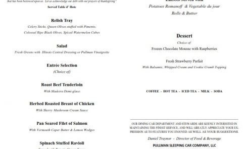 Pullman Rail Menu Dinner